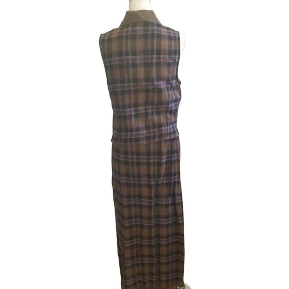 Vintage 90s Flannel Brown Plaid Maxi Skirt Set Vest Fringe Sm Top Medium Skirt - Picture 2 of 11